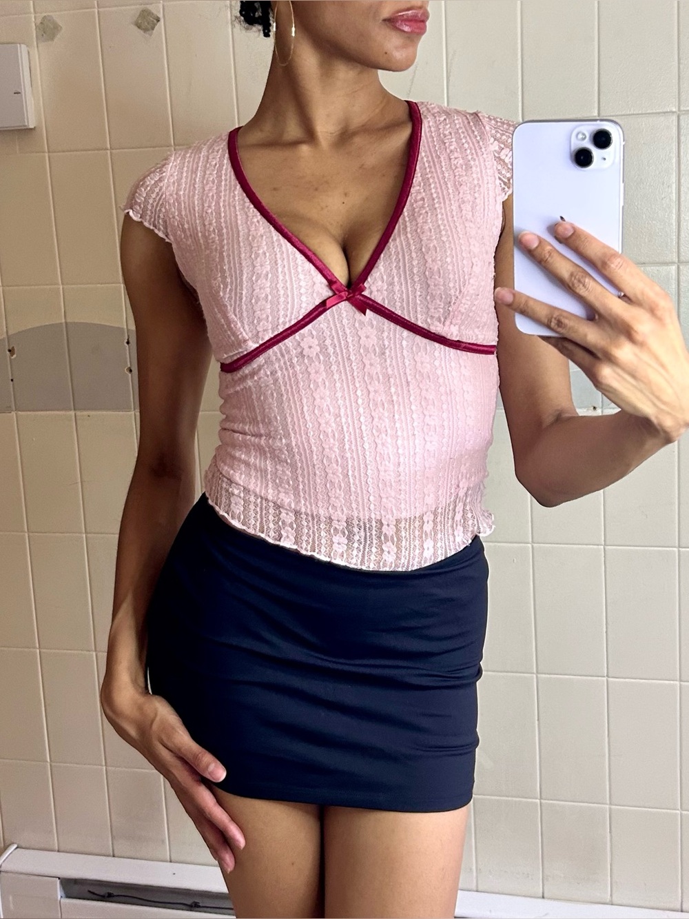 Pink Lace Velvet Trim Top